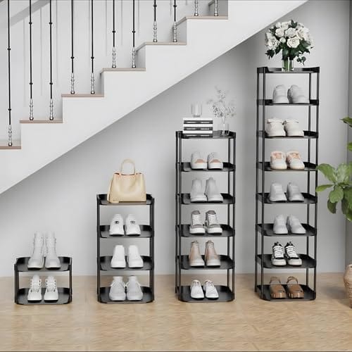 Altdnmaf 6 Ebenen Schmal Schuhregal, Mehrschichtiges Hoch Schuhregale Platzsparend, Stapelbar Klein Standregal, Vertikales Plastik Regal, Shoe Rack für Treppe, Flur, Küche, Schlafzimmer, Schwarz – Bild 3