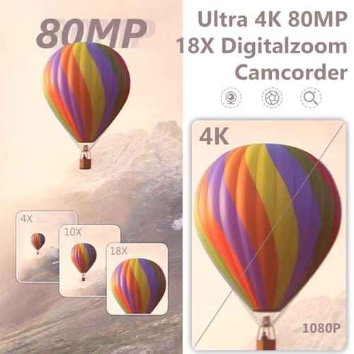 Videokamera 4K Camcorder HD 80MP IR-Nachtsicht Vlogging Kamera für YouTube, Webcam Camera mit 18-Facher Digitalzoom, 3.0’’ 270° Drehung IPS Bildschirm 30FPS Videokamera mit 32GB SD-Karte und 2 Akkus – Bild 3