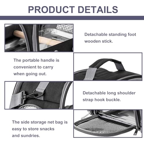 Vogel-Tragetasche mit Edelstahl-Tablett und Stehstange, Vogel Transportbox, Atmungsaktiver Tragbarer Vogelkäfig für Wellensittich/Sittiche/Kleintiere, Bird Transport Box(Schwarz) – Bild 6