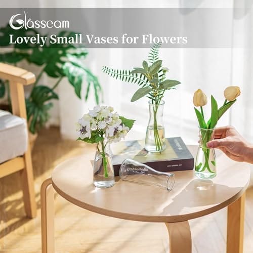 Glasseam Kleine Vasen für Tischdeko, Deko Vase Glas Klar Blumenvase Modern Glasvase Klein 6 Stück, Minimalistische Blumenvasen Set für Wohnzimmer Hochzeit Party Esstisch Tafelaufsatz Dekovase – Bild 6